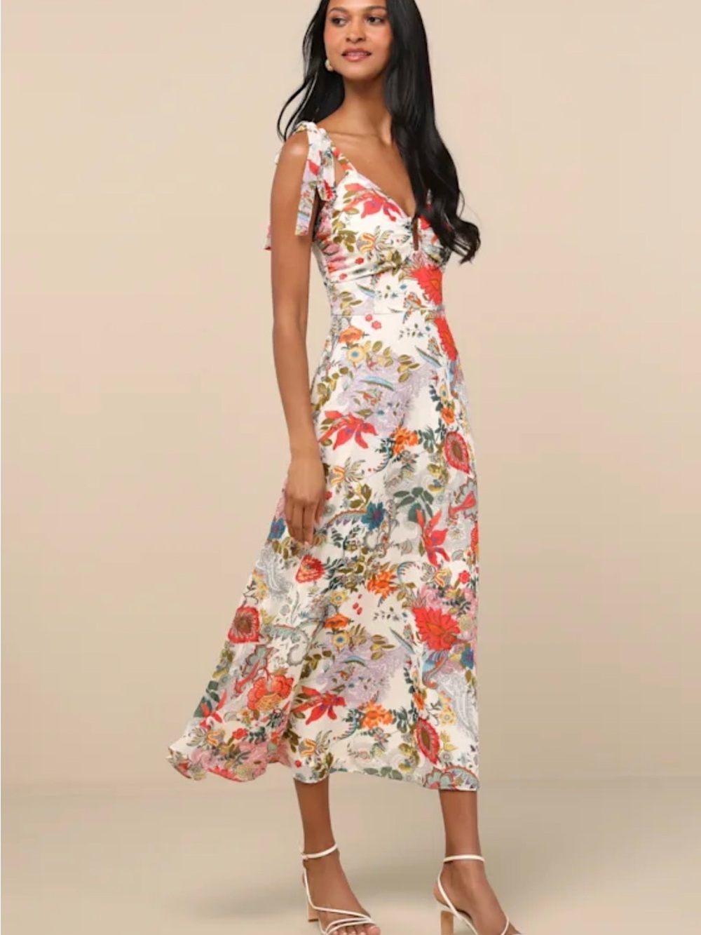 Lulus Simply Blissful Ivory Multi Floral Tie-strap A-line Midi Dress XXL